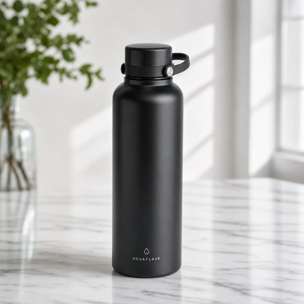 Matte black water bottle on white marble, studio product photo