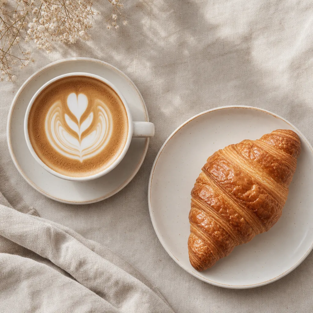Overhead photo of a flat white coffee and a croissant