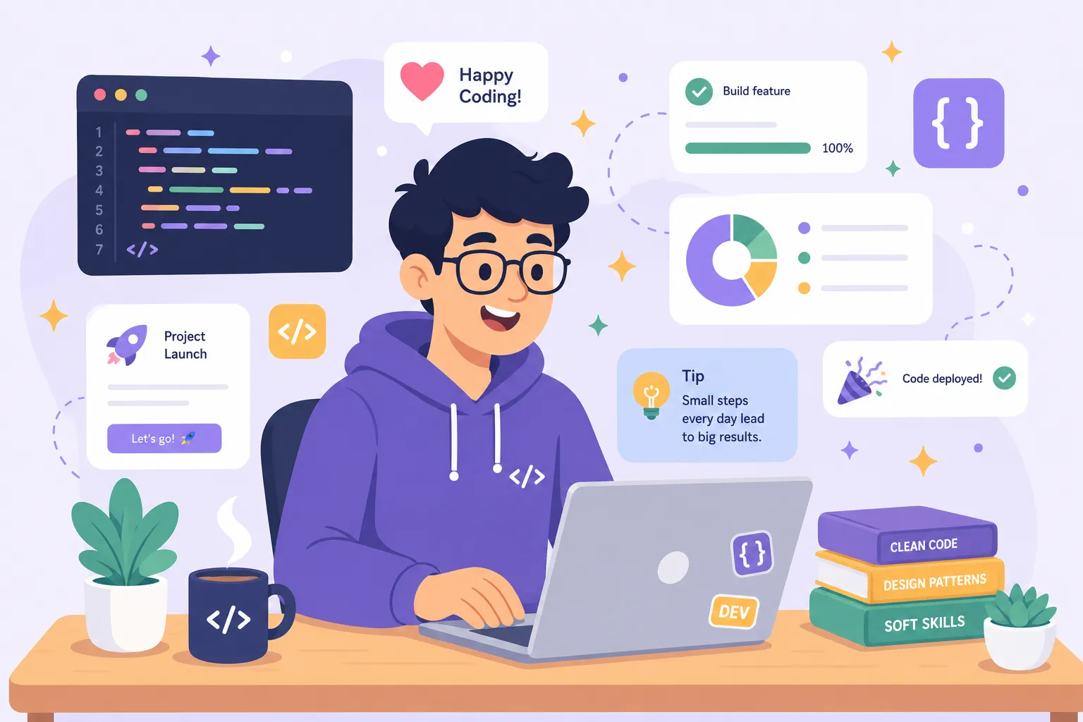 Flat vector illustration of a developer with floating UI panels